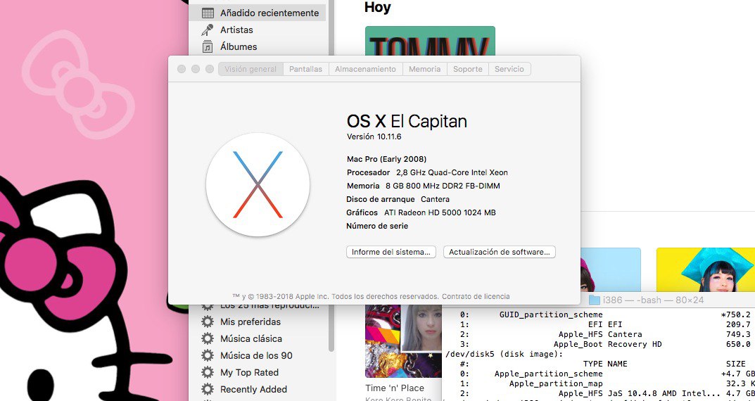 a screenshot showcasing the mac os x operating system recognizing the computer as having a ATi 5000 graphics card with 1 gb of video ram, a 2,8 ghz quad-core intel xeon, 8 gb 800mhz ram and running os x el capitan